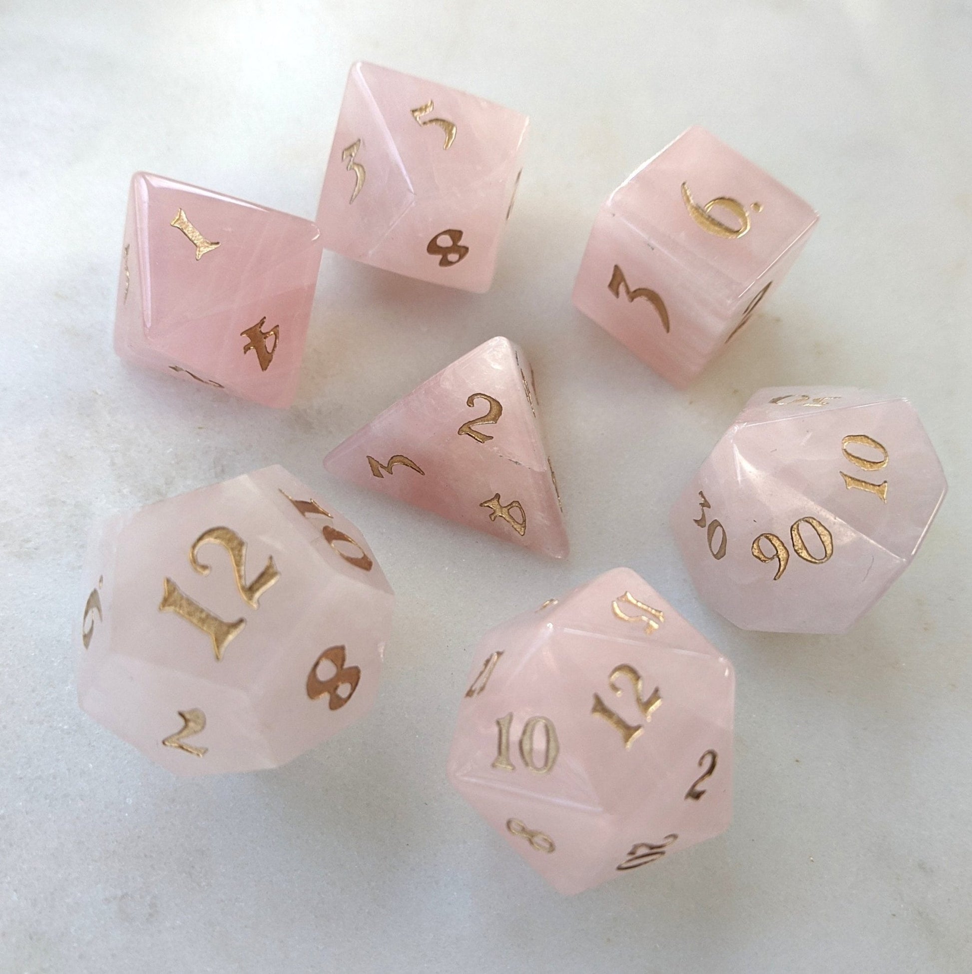 Rose Quartz Gemstone Dice Set – 7 - Piece Real Pink Stone DnD Dice - Fennek and Finch