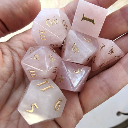Rose Quartz Gemstone Dice Set – 7 - Piece Real Pink Stone DnD Dice - Fennek and Finch