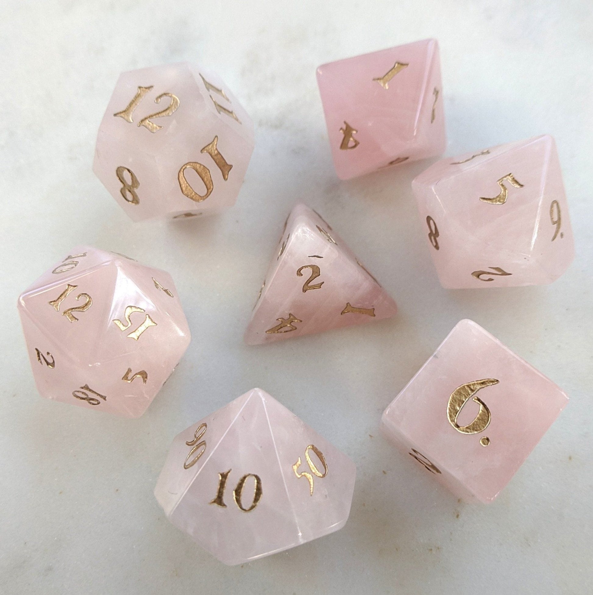 Rose Quartz Gemstone Dice Set – 7 - Piece Real Pink Stone DnD Dice - Fennek and Finch