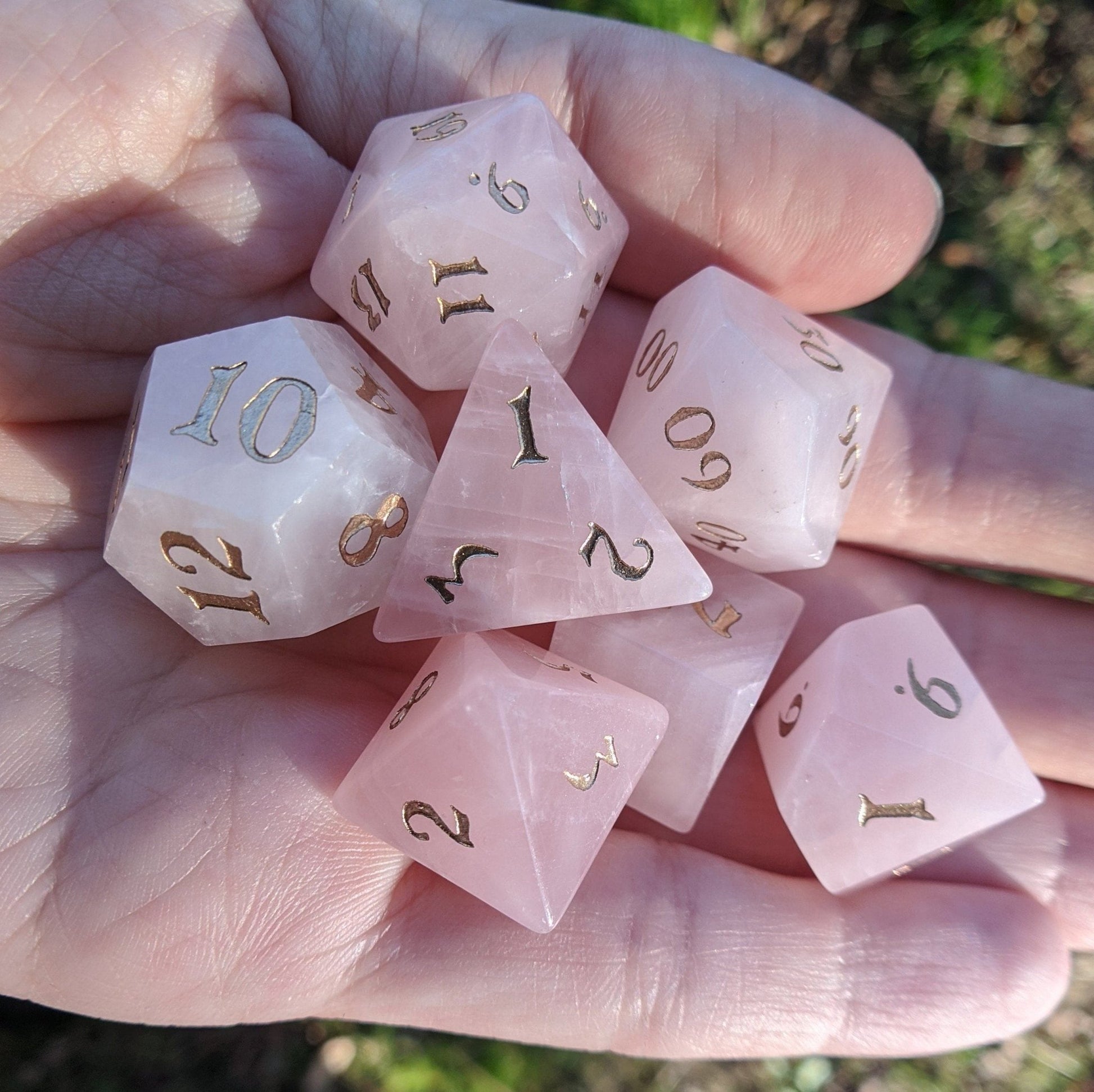 Rose Quartz Gemstone Dice Set – 7 - Piece Real Pink Stone DnD Dice - Fennek and Finch
