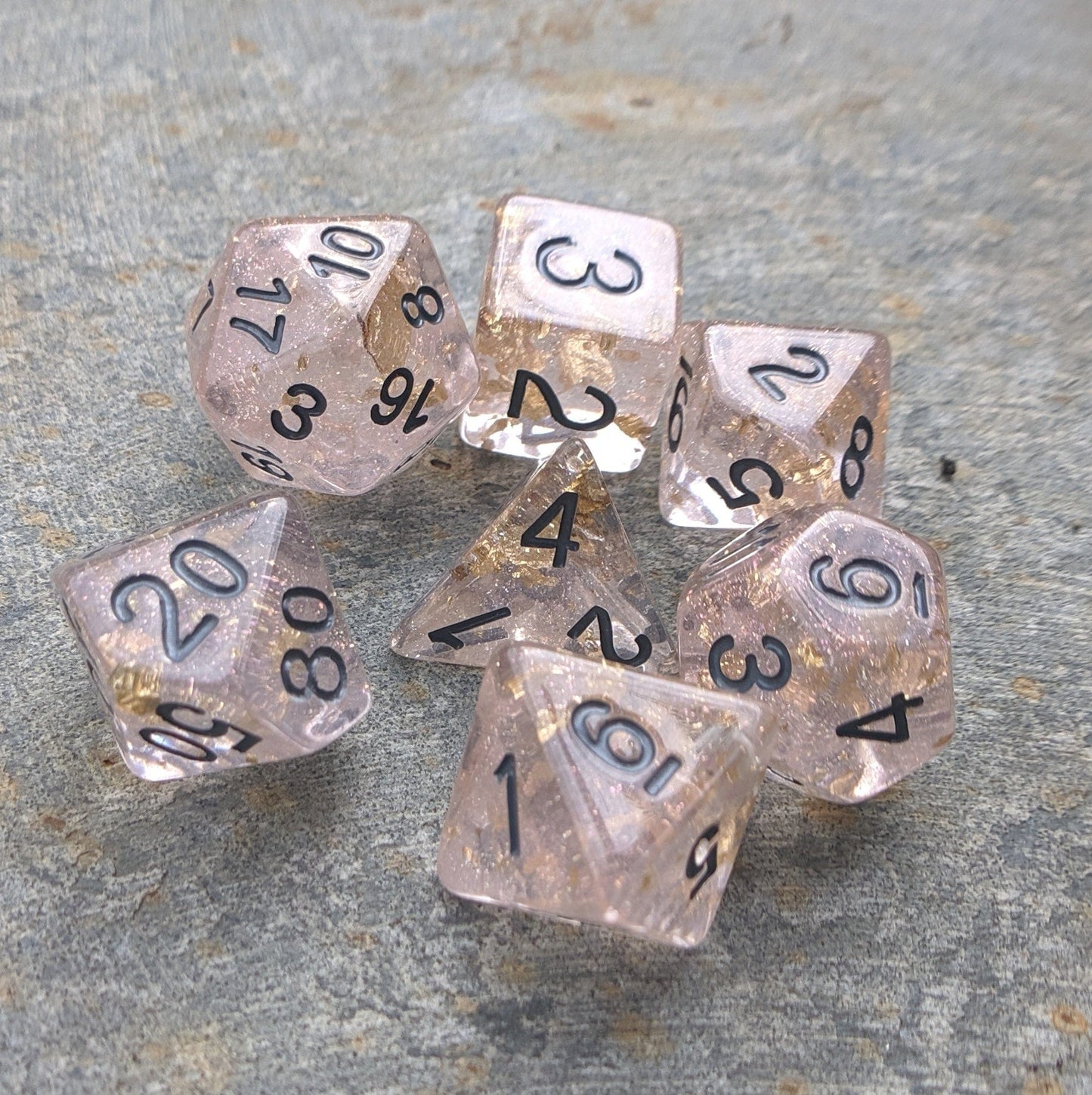 Rose Scepter Dice Set – 7-Piece Translucent Micro Glitter Gold Foil Black Font Dice sets Fennek and Finch