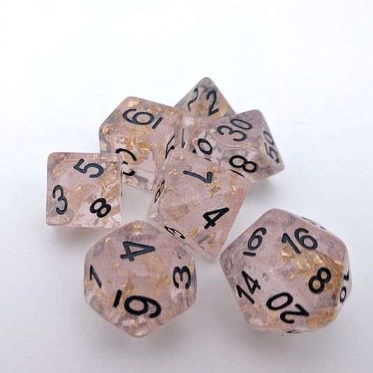 Rose Scepter Dice Set – 7 - Piece Translucent Micro Glitter Gold Foil Black Font - Fennek and Finch