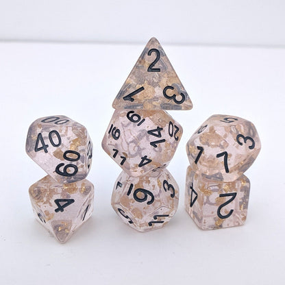 Rose Scepter Dice Set – 7-Piece Translucent Micro Glitter Gold Foil Black Font Dice sets Fennek and Finch