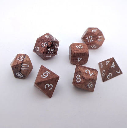 Rose Wood Dice set with White Font - CozyGamer