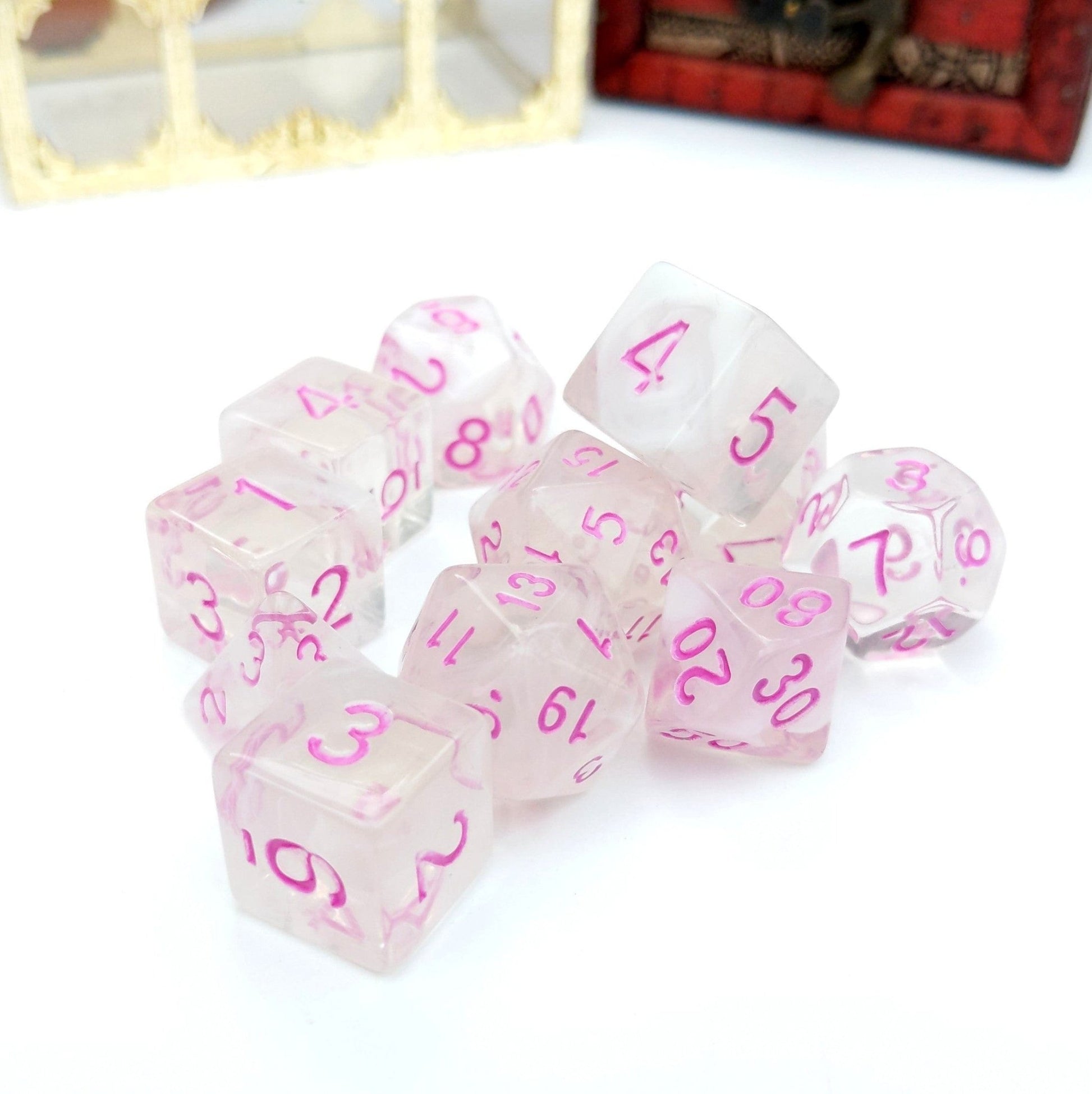 Rosemance Dice Set – 11-Piece Pink Rose Romance DnD Dice Dice Sets & Games Fennek & Finch
