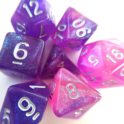 Royal Aurora Dice Set – 7-Piece Pink Purple Semi-Translucent Micro Shimmer DnD Dice sets Fennek and Finch
