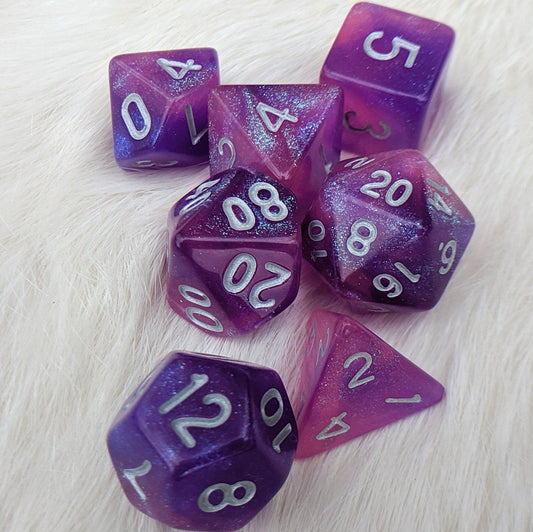 Royal Aurora Dice Set – 7 - Piece Pink Purple Semi - Translucent Micro Shimmer DnD - Fennek and Finch