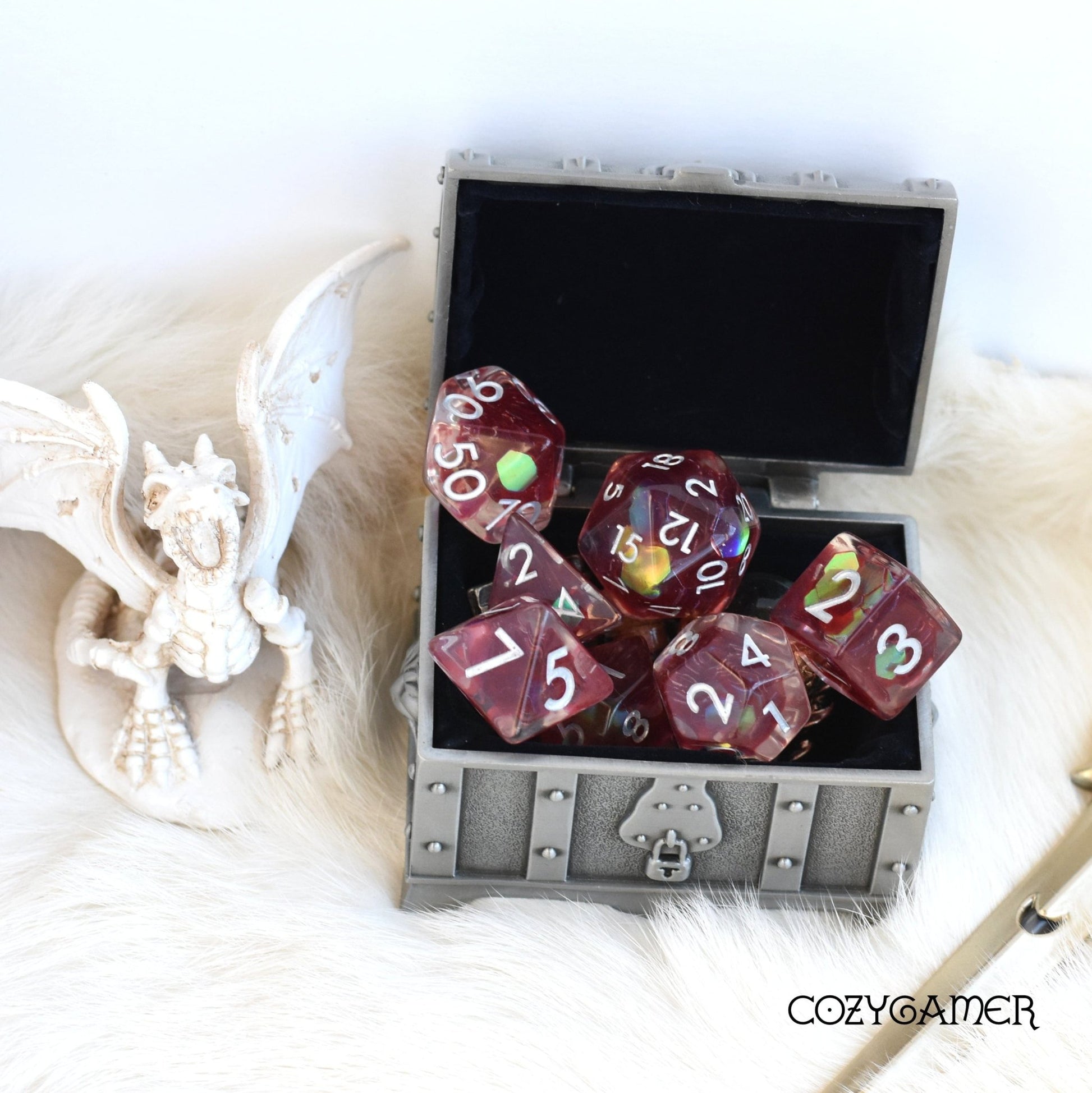 Ruby Glint Dice Set – 7 - Piece Clear Resin Red Iridescent Hexagon Glitter DnD - Fennek and Finch