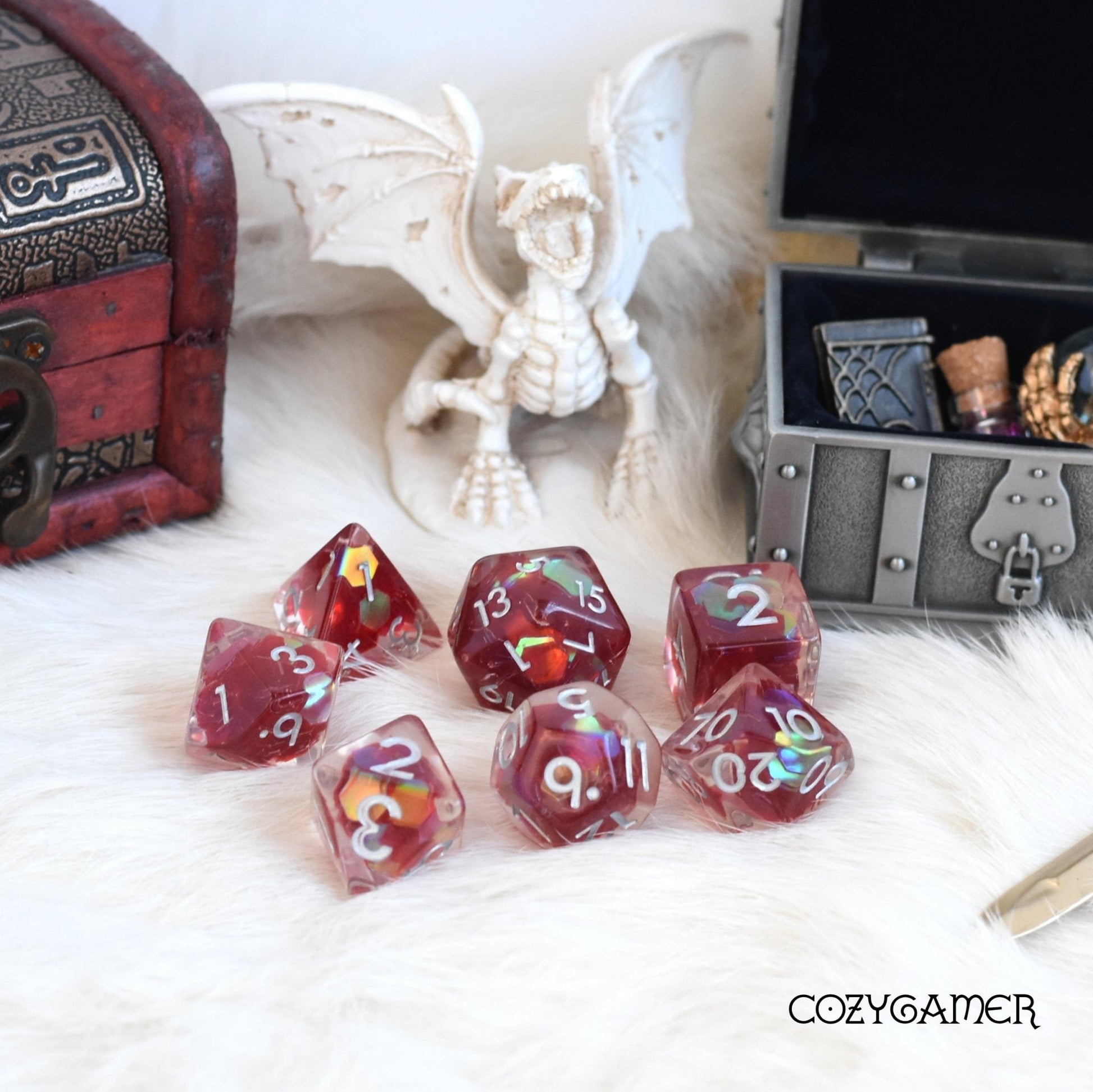 Ruby Glint Dice Set – 7 - Piece Clear Resin Red Iridescent Hexagon Glitter DnD - Fennek and Finch
