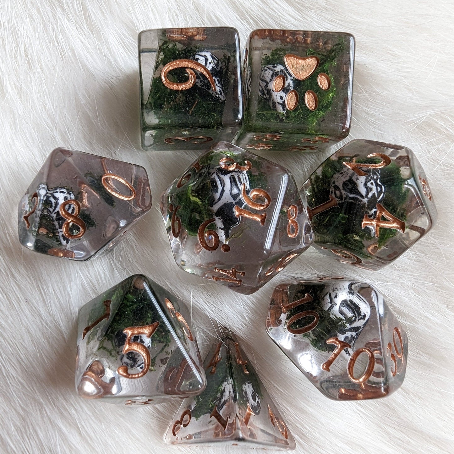 Runed Raven Skull and Moss 7 piece DND dice set