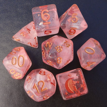 Sakura Cloud 8 Piece Dice Set – Light Pink Pearly White Clouds Copper Cat Wizard Dice sets Fennek and Finch