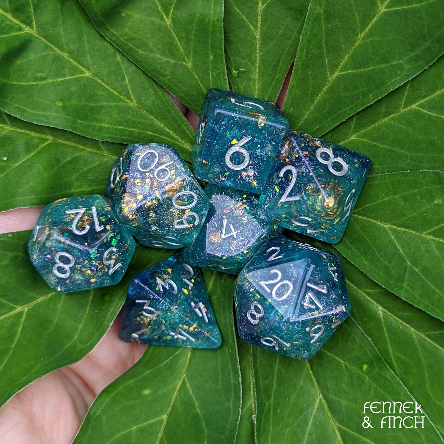 Saltmarsh Dice Set. Blue and Green Opal Flakes and Gold Foil