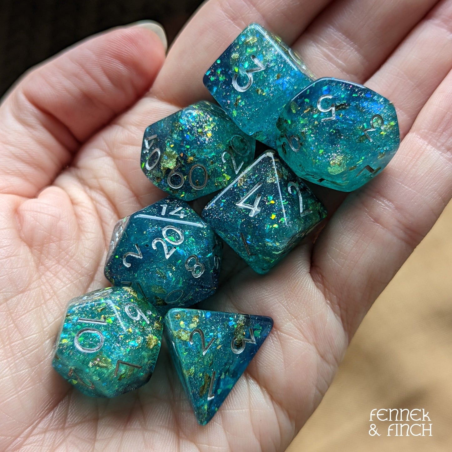 Saltmarsh Dice Set. Blue and Green Opal Flakes and Gold Foil