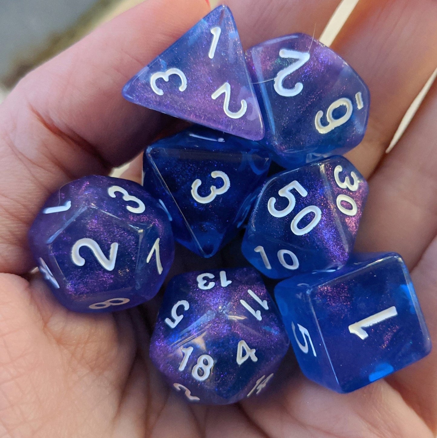 Sapphire Phantom Dice Set – 7-Piece Blue Purple Shimmer Marble DnD Dice Dice sets Fennek and Finch