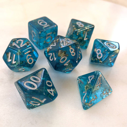 Sapphire Scepter Dice Set. Blue Clear Resin with Gold Foil Dice Sets & Games Fennek and Finch