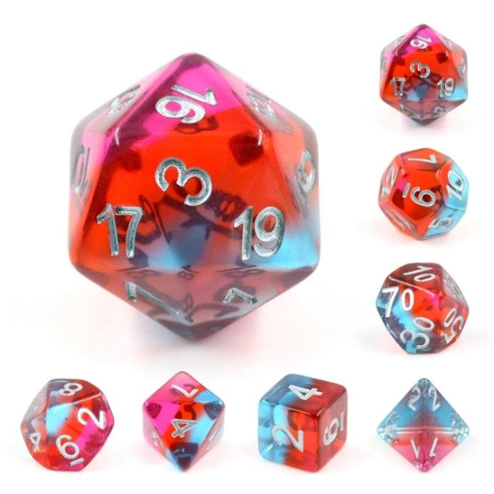 Savannah Sunrise Dice Set – 7-Piece Transparent Blue Red Pink DnD Dice Dice Sets & Games Fennek and Finch