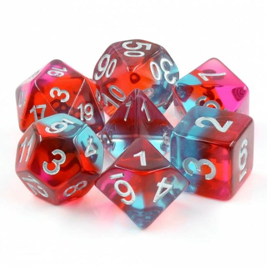 Savannah Sunrise Dice Set – 7-Piece Transparent Blue Red Pink DnD Dice Dice Sets & Games Fennek and Finch