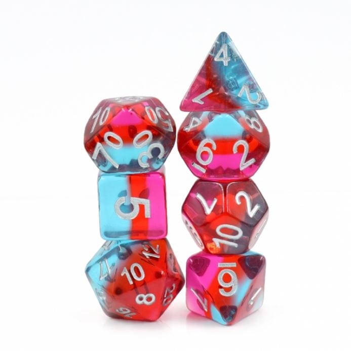 Savannah Sunrise Dice Set. Transparent blue, red and pink dice set - CozyGamer