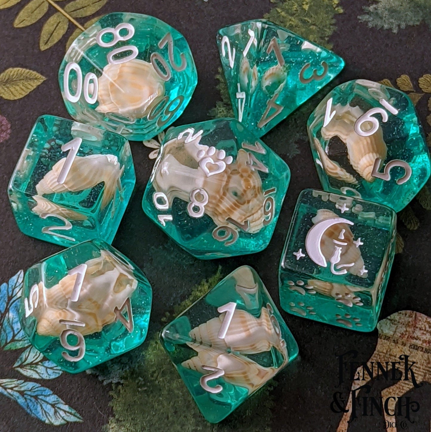 Sea Shell 8 Piece Dice Set – Real Tiny Shells Teal Glitter White Font Cat Wizard - Fennek and Finch