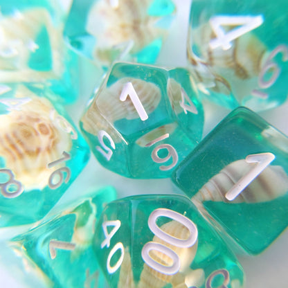 Sea Shell 8 Piece Dice Set – Real Tiny Shells Teal Glitter White Font Cat Wizard - Fennek and Finch
