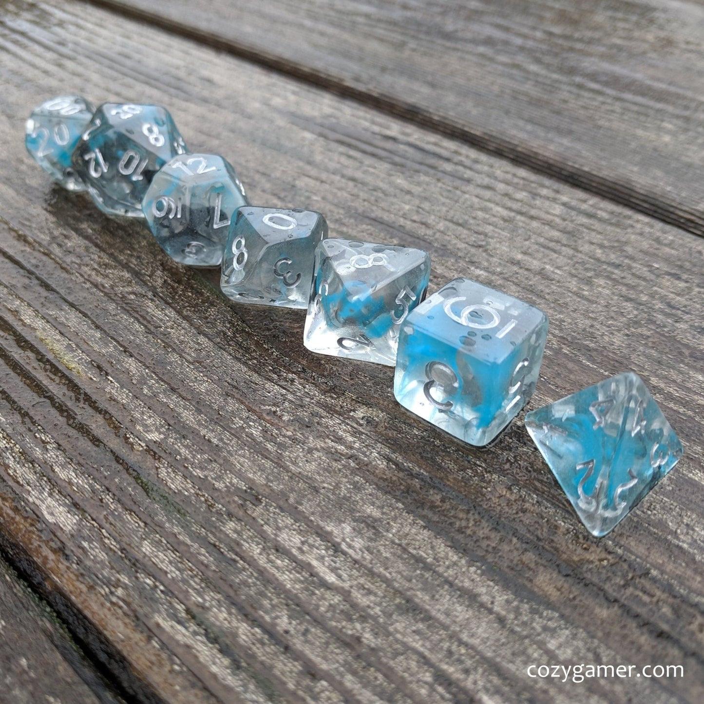 Sea Wraith Dice Set – 7 - Piece Translucent Black Teal Ink Swirls Resin DnD Dice - Fennek and Finch
