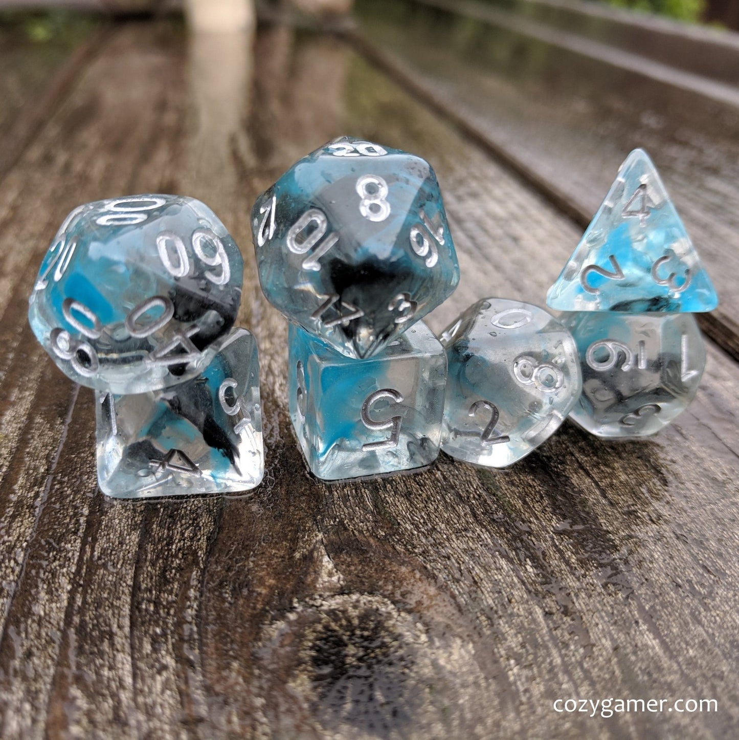 Sea Wraith Dice Set – 7 - Piece Translucent Black Teal Ink Swirls Resin DnD Dice - Fennek and Finch