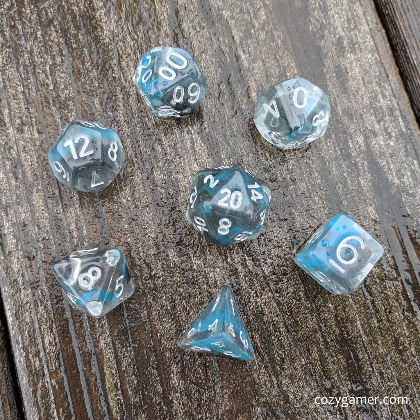Sea Wraith Dice Set – 7 - Piece Translucent Black Teal Ink Swirls Resin DnD Dice - Fennek and Finch