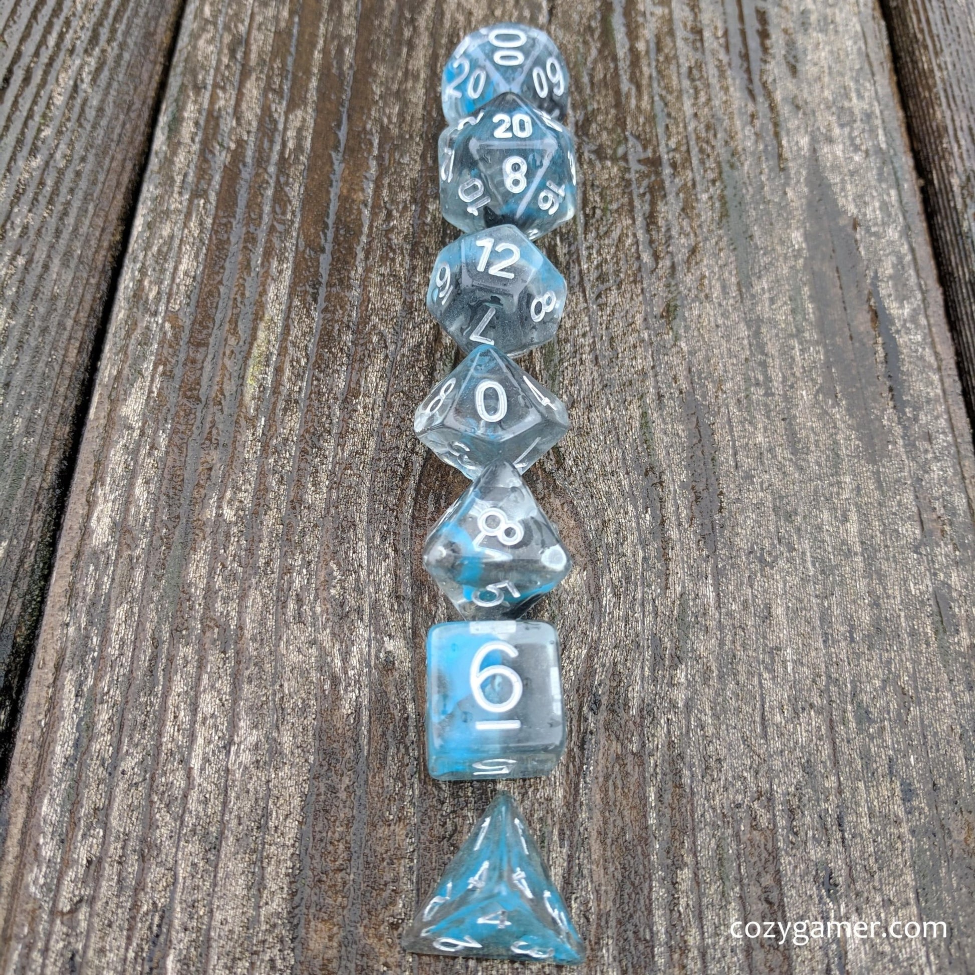 Sea Wraith Dice Set – 7 - Piece Translucent Black Teal Ink Swirls Resin DnD Dice - Fennek and Finch