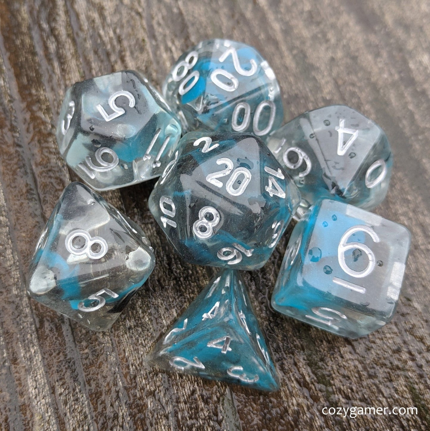 Sea Wraith Dice Set – 7 - Piece Translucent Black Teal Ink Swirls Resin DnD Dice - Fennek and Finch