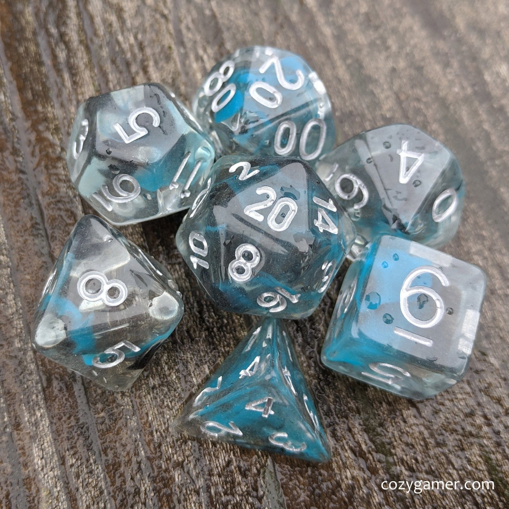 Sea Wraith Dice Set – 7 - Piece Translucent Black Teal Ink Swirls Resin DnD Dice - Fennek and Finch