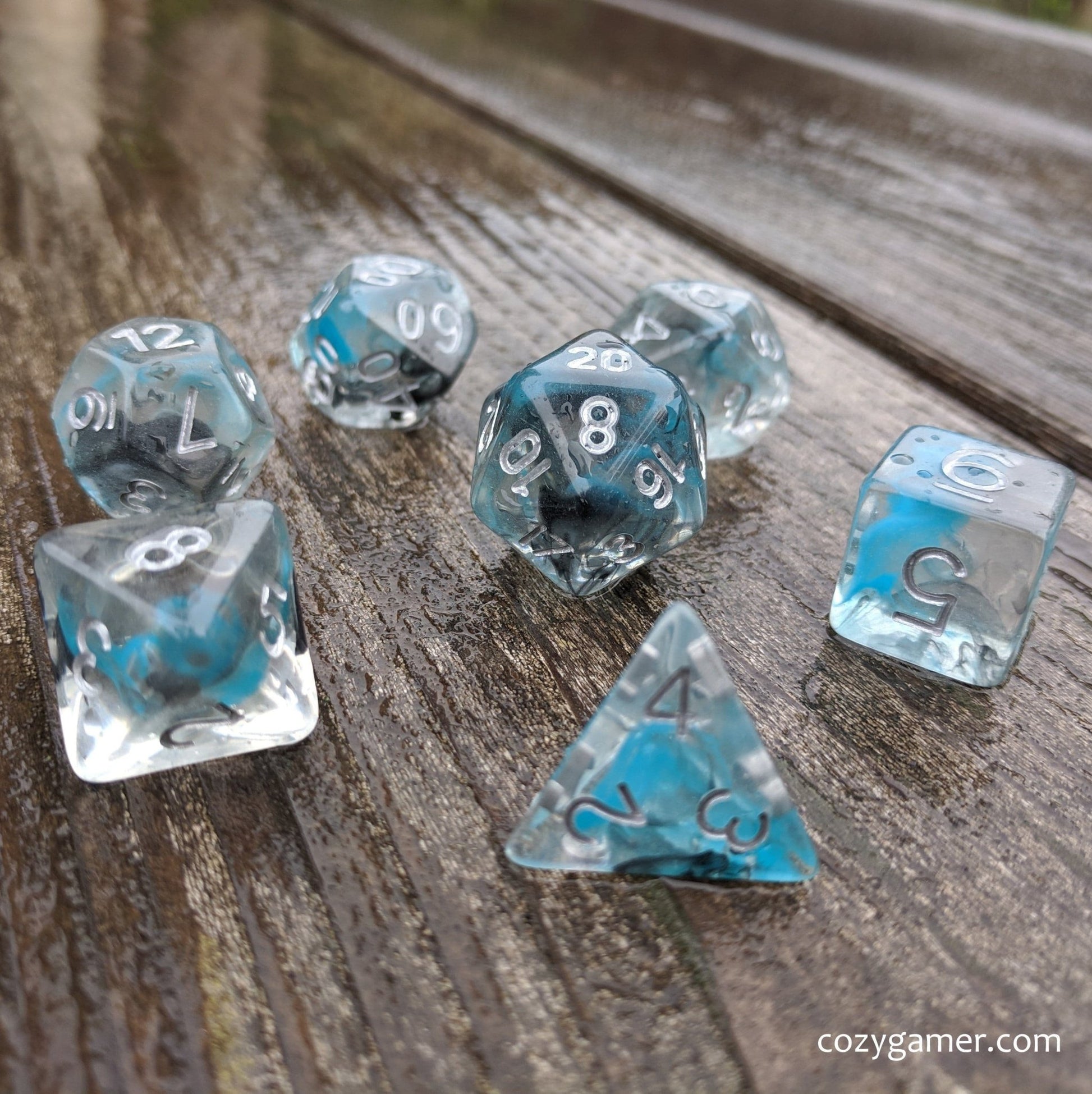 Sea Wraith Dice Set – 7 - Piece Translucent Black Teal Ink Swirls Resin DnD Dice - Fennek and Finch