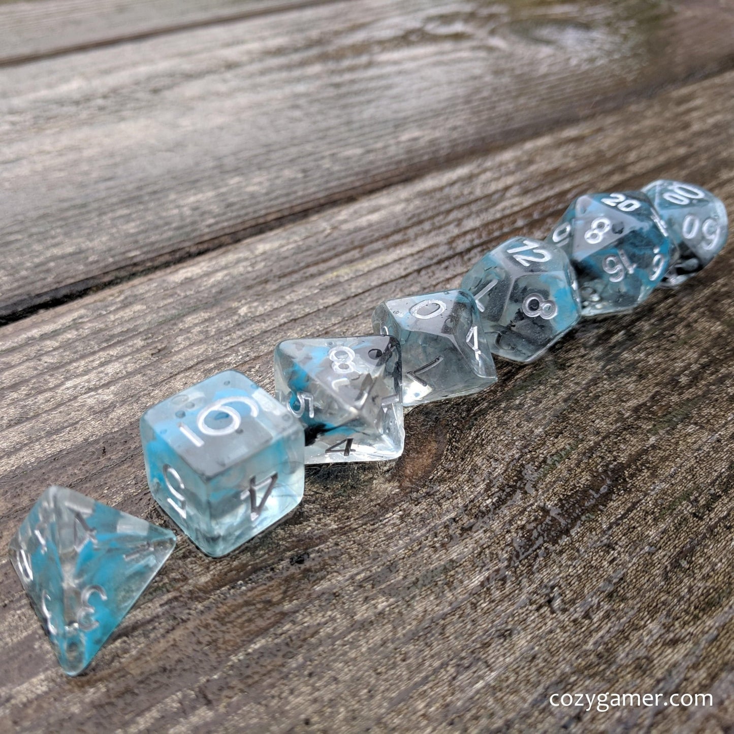 Sea Wraith Dice Set – 7 - Piece Translucent Black Teal Ink Swirls Resin DnD Dice - Fennek and Finch