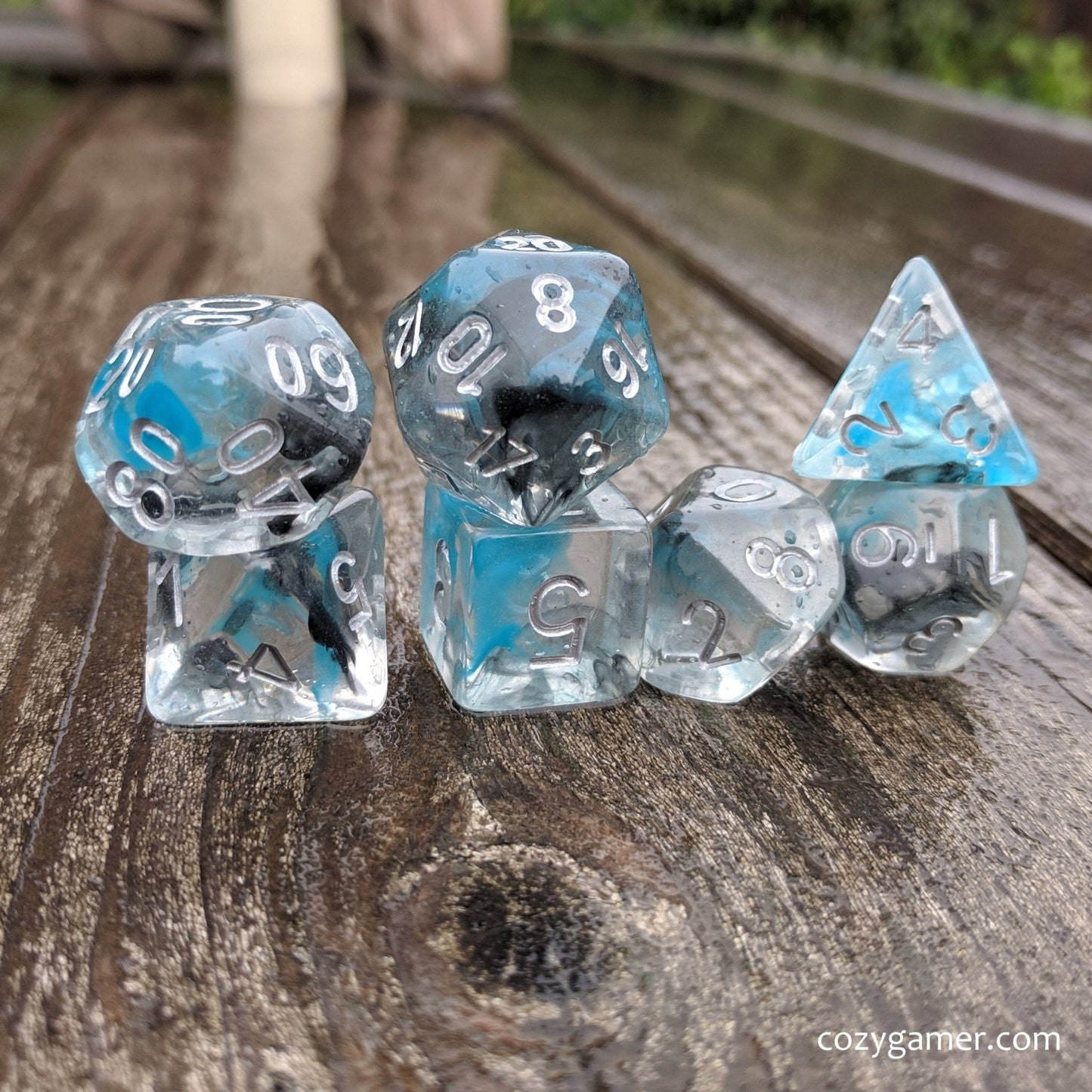 Sea Wraith Dice Set – 7 - Piece Translucent Black Teal Ink Swirls Resin DnD Dice - Fennek and Finch