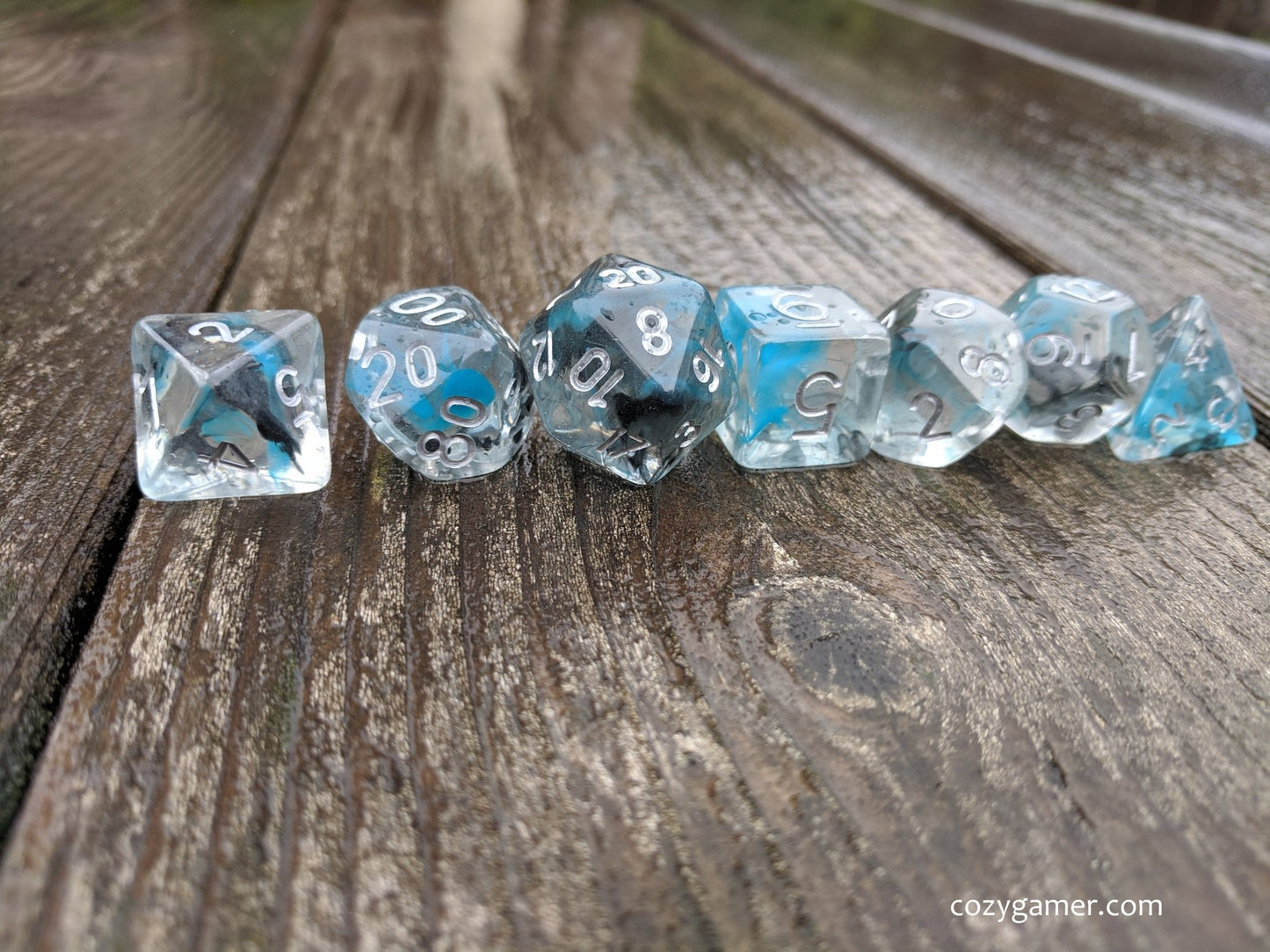 Sea Wraith Dice Set – 7 - Piece Translucent Black Teal Ink Swirls Resin DnD Dice - Fennek and Finch