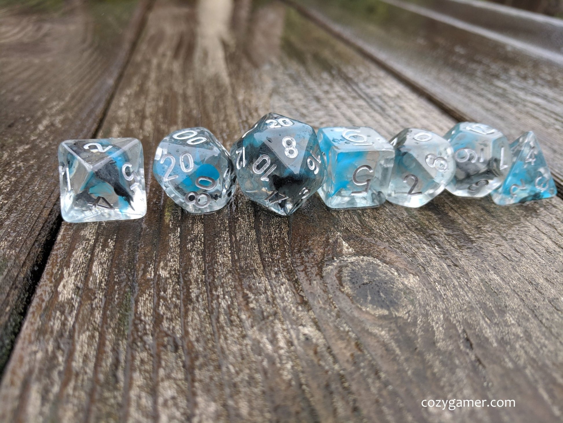 Sea Wraith Dice Set – 7 - Piece Translucent Black Teal Ink Swirls Resin DnD Dice - Fennek and Finch