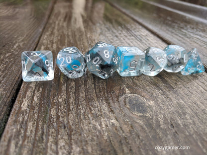 Sea Wraith Dice Set – 7 - Piece Translucent Black Teal Ink Swirls Resin DnD Dice - Fennek and Finch