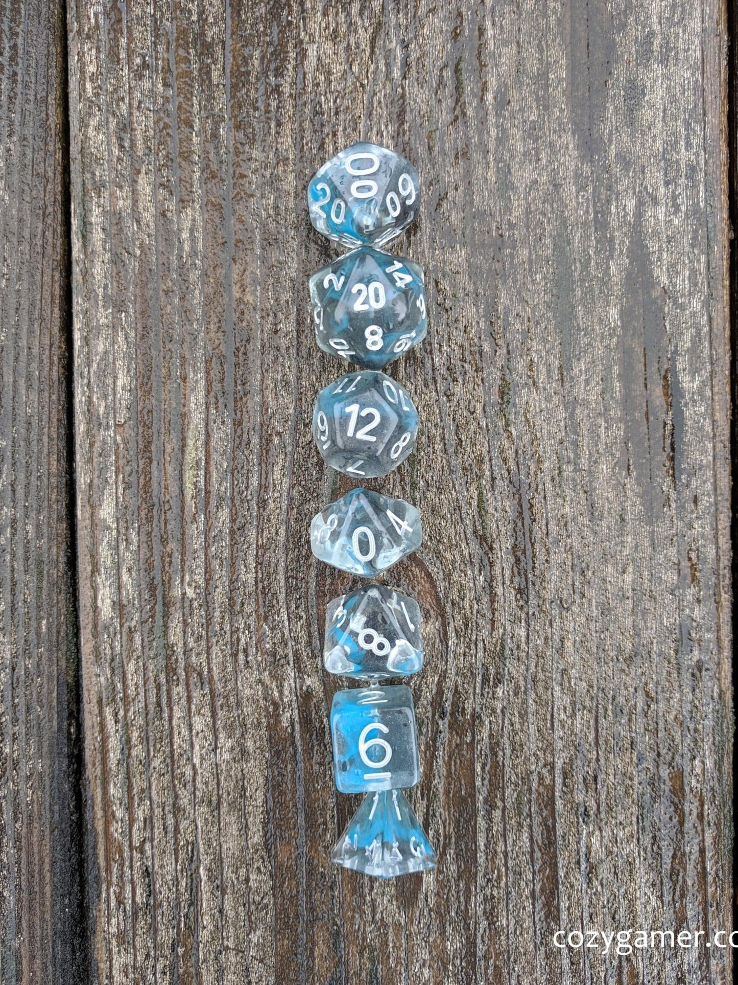 Sea Wraith Dice Set – 7 - Piece Translucent Black Teal Ink Swirls Resin DnD Dice - Fennek and Finch