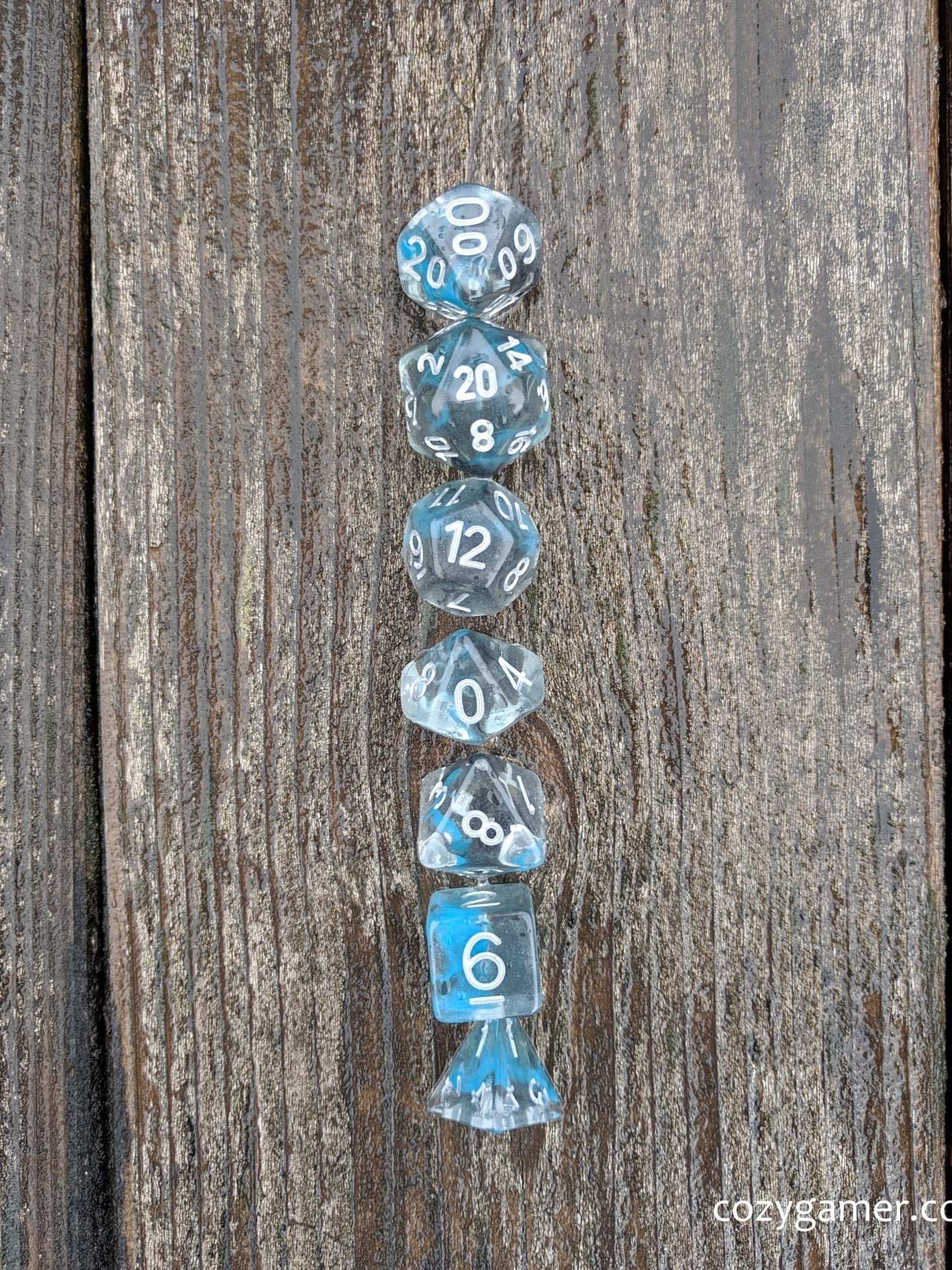 Sea Wraith Dice Set – 7 - Piece Translucent Black Teal Ink Swirls Resin DnD Dice - Fennek and Finch
