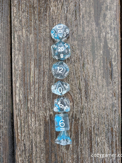 Sea Wraith Dice Set – 7 - Piece Translucent Black Teal Ink Swirls Resin DnD Dice - Fennek and Finch