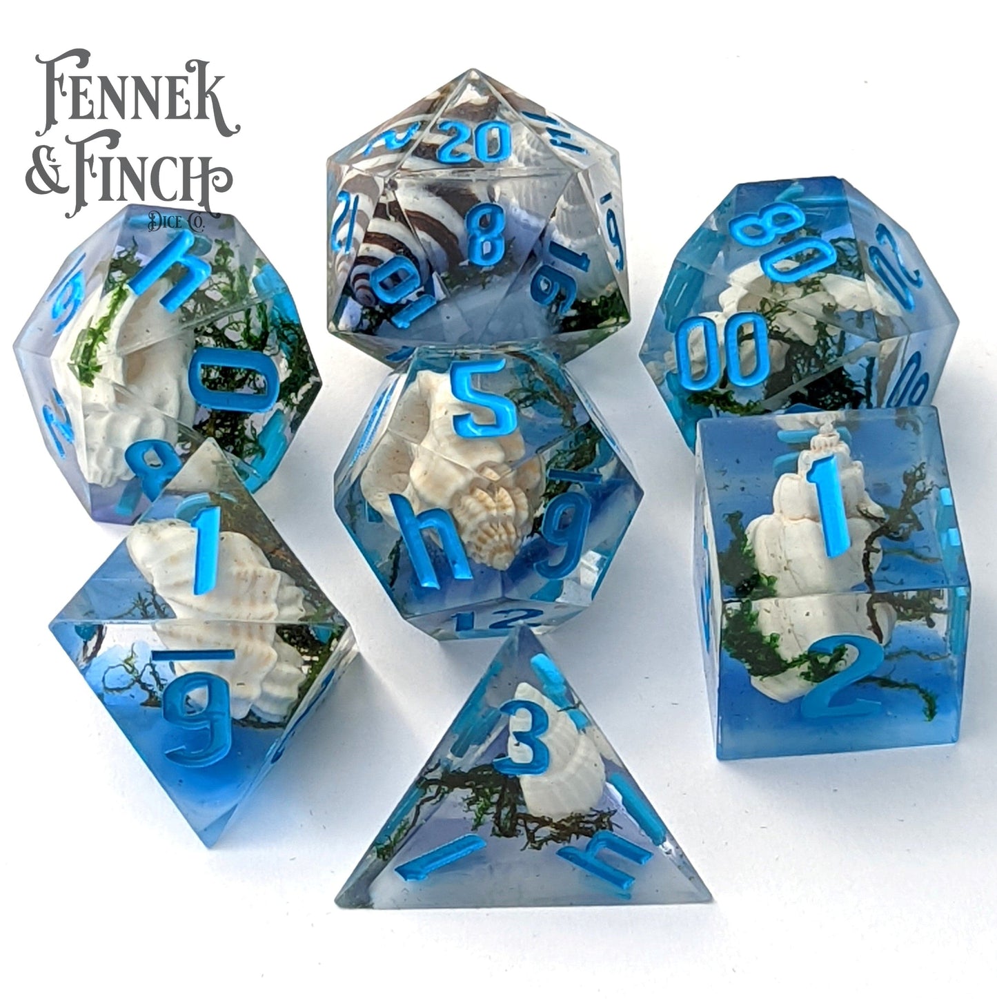 Seabed Sharp Edge Resin Dice Set. 7 Piece DND dice set with Seashells
