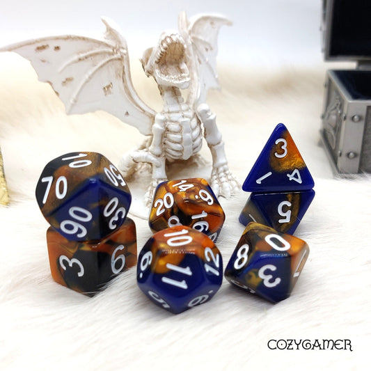 Searing Comet DnD Dice Set, Blue, Black, and Gold Marble Dice