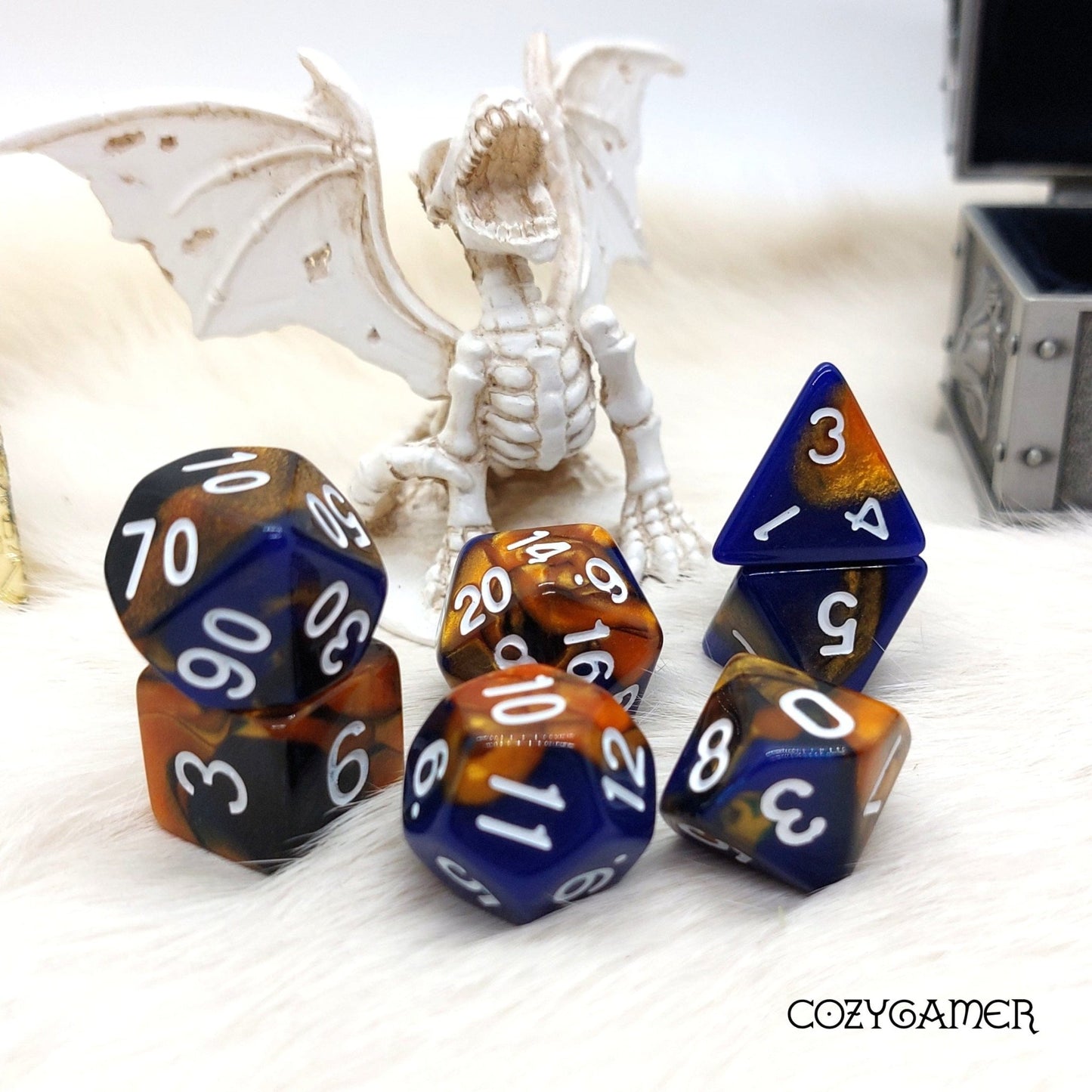 Searing Comet DnD Dice Set, Blue, Black, and Gold Marble Dice - Fennek and Finch