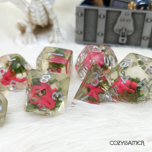 Seaweed Loving Starfish Dice Set. Pink Starfish and Moss 7 piece DnD Dice Set - Fennek and Finch
