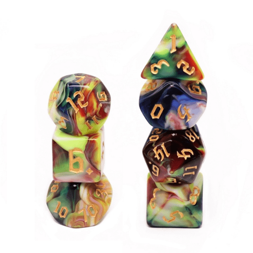 Secret Garden Dice Set – 7 - Piece Bright Colorful Marbled Earthen DnD Dice - Fennek and Finch