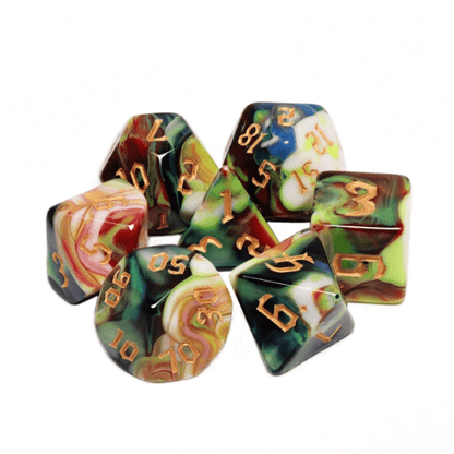 Secret Garden Dice Set – 7 - Piece Bright Colorful Marbled Earthen DnD Dice - Fennek and Finch