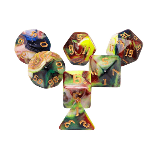 Secret Garden Dice Set – 7 - Piece Bright Colorful Marbled Earthen DnD Dice - Fennek and Finch