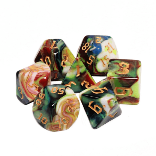 Secret Garden Dice Set. Earthen colorful marbled dice