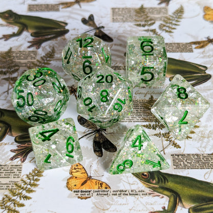 Serpent Dice Set, Opal Flake and Silver Foil Dice Set, Designed by Therin