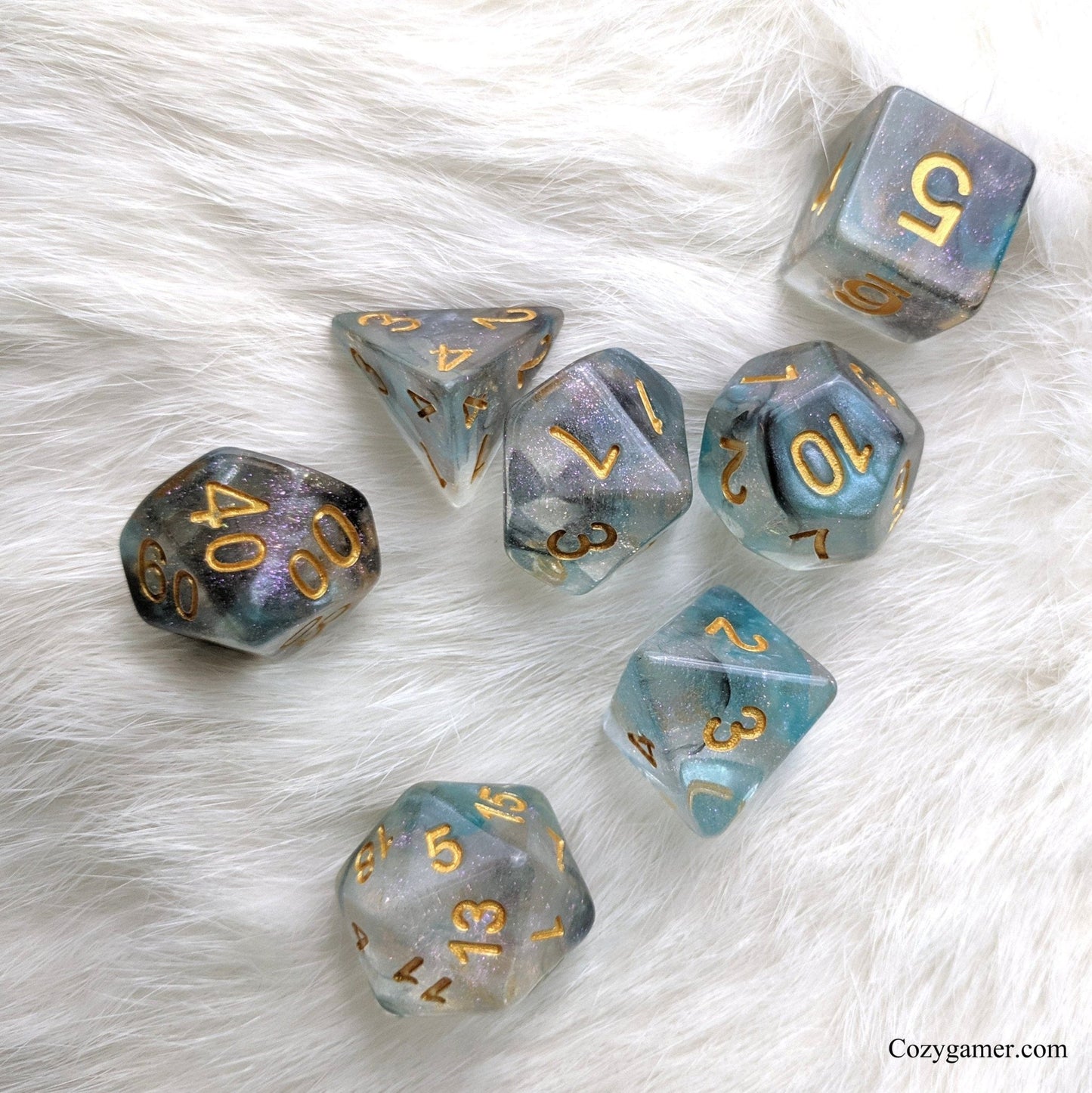 Shade Dice Set – 7 - Piece Blue Black Translucent Glitter Pearly Ink DnD Dice - Fennek and Finch
