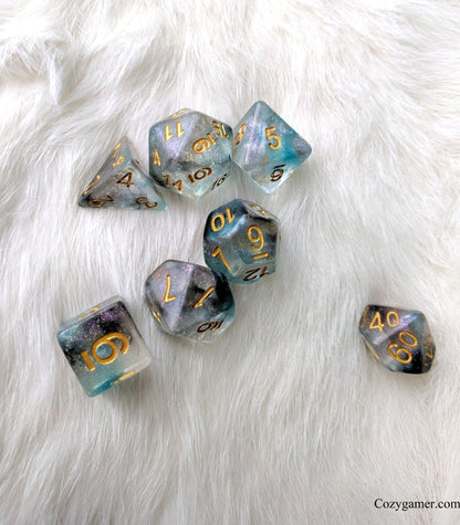 Shade Dice Set – 7 - Piece Blue Black Translucent Glitter Pearly Ink DnD Dice - Fennek and Finch